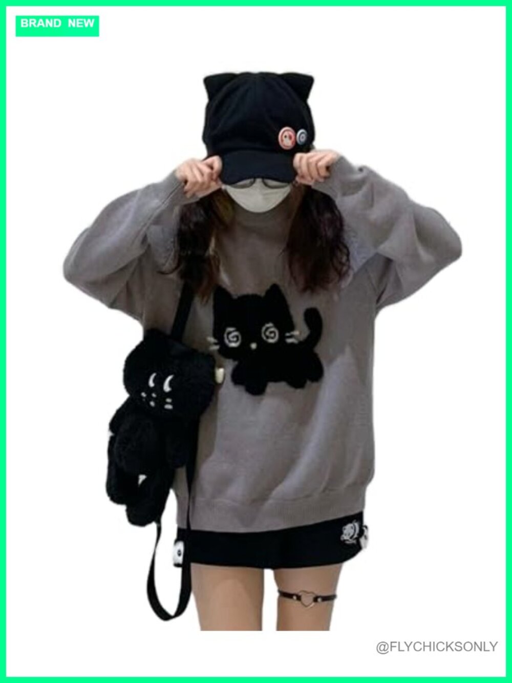 Y2K Kawaii Cat Print Knit Long Sleeve Oversized Pullover Sweater